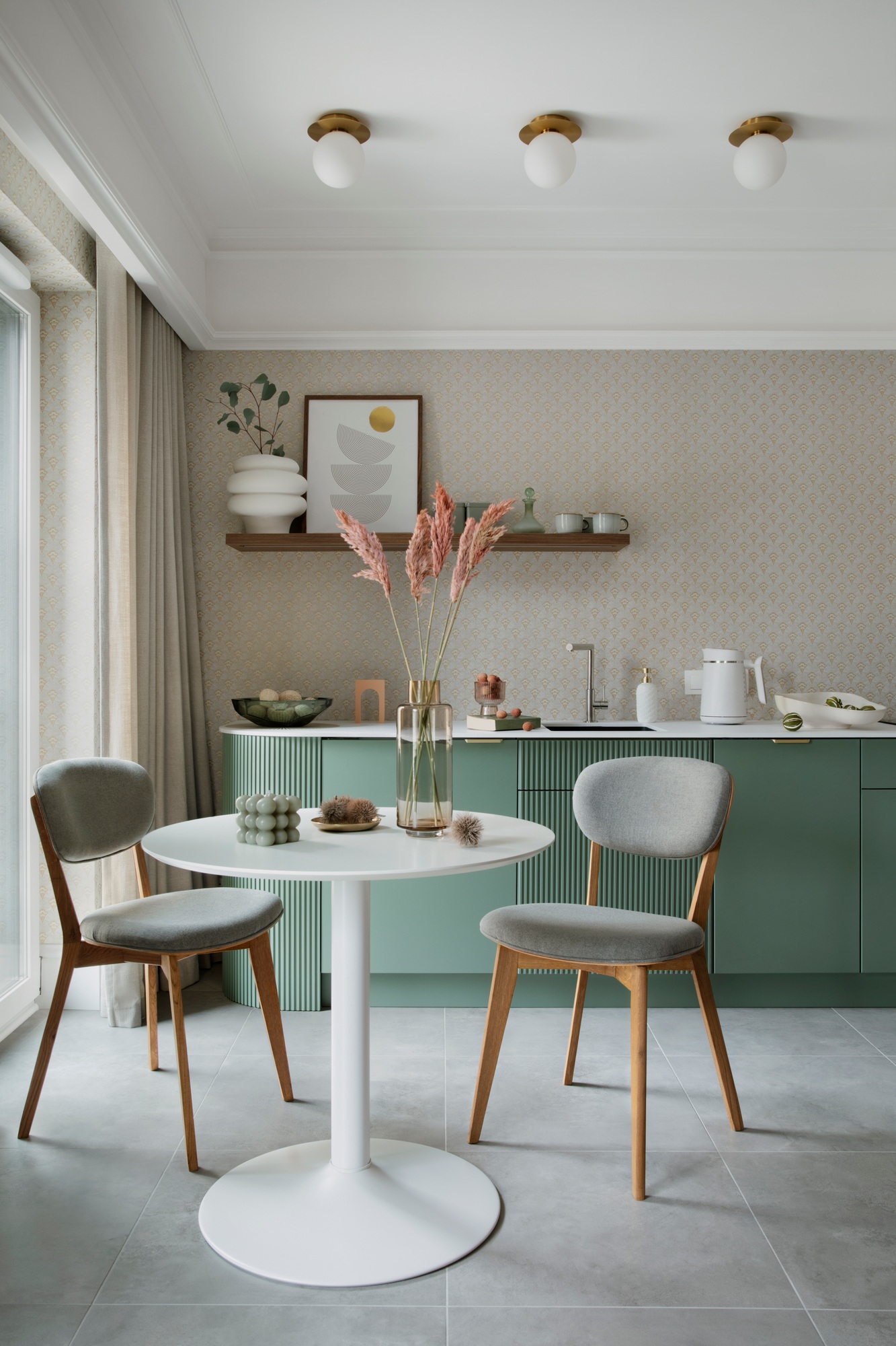 Interior design of dinning room interior with round table, personal accessories. Home decor Template
